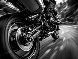 Adventure motorcycle rear suspension system compressing during high-speed corner with detailed shock absorber mechanics
