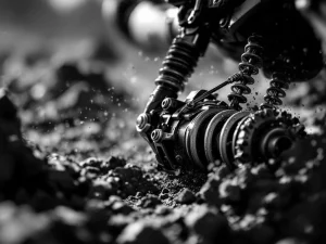 Adventure motorcycle rear suspension shock absorber with spring and damper on rugged terrain in black and white close-up