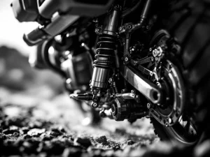 Adventure motorcycle rear suspension system under heavy load with chrome shock absorbers and cargo panniers in background