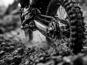 Adventure motorcycle rear suspension shock absorber compressing on rugged terrain with dirt particles in motion