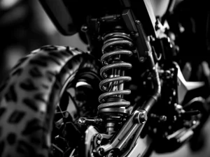 Adventure motorcycle rear suspension shock absorber with compression springs and adjustment knobs in dramatic black and white lighting