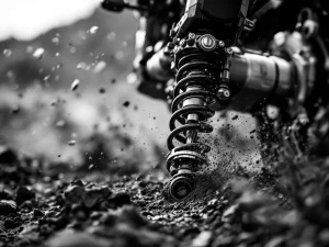 Adventure motorcycle rear suspension shock absorber with coil springs compressed on rugged terrain in dramatic black and white