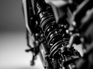 Adventure motorcycle rear shock absorber with coil spring and adjusters in black and white close-up