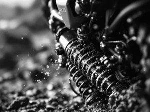 Adventure motorcycle rear suspension shock absorber with spring coils and adjustment knobs in dramatic black and white
