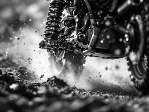 Adventure motorcycle rear suspension system compressed on rugged terrain with dust particles in dramatic black and white lighting