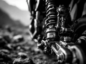 Adventure motorcycle rear suspension shock absorber with chrome springs showing compression and wear, black and white close-up