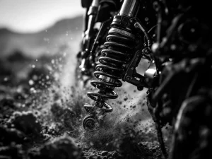 Adventure motorcycle rear suspension with chrome shock absorber mid-compression, dust spray frozen in motion on rugged terrain