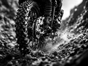 Adventure motorcycle rear shock absorber compressing on rocky terrain with dirt particles in motion, black and white close-up