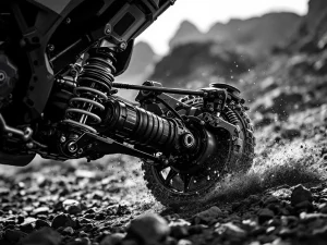 Adventure motorcycle rear suspension system compressed under load with shock absorber and linkage on rocky terrain