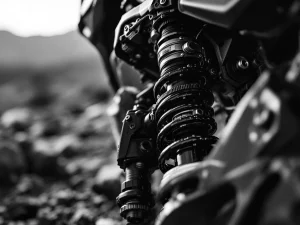 Close-up of motorcycle reservoir shock absorber with adjustment knobs and hydraulic components on adventure bike