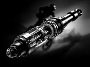 Twin-tube motorcycle shock absorber cross-section showing dual-chamber construction and precision-machined components