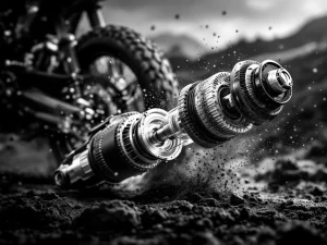 Cross-section of motorcycle shock absorber showing internal nitrogen chamber and precision components against dirt terrain