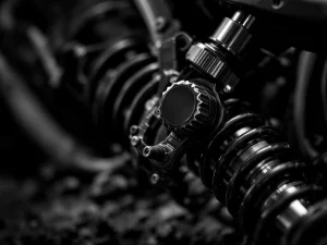 Motorcycle rear shock absorber close-up showing rebound damping adjustment knob and precision-engineered suspension components
