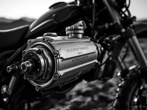 Close-up of motorcycle shock absorber reservoir with precision-machined aluminum components and adjustment knobs