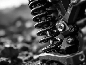 Adventure motorcycle rear shock absorber spring with preload adjustment mechanism in dramatic black and white close-up