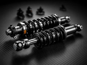 Two motorcycle shock absorbers on carbon fiber: left with integrated piggyback reservoir, right with remote reservoir