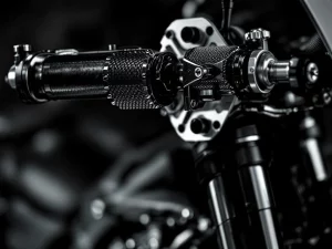 Motorcycle steering damper close-up showing hydraulic cylinder, mounting brackets, and chrome details on adventure bike handlebars