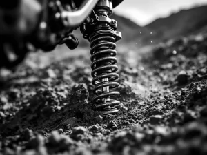 Adventure motorcycle rear shock absorber fully compressed at bottom-out during off-road riding, showing mechanical stress