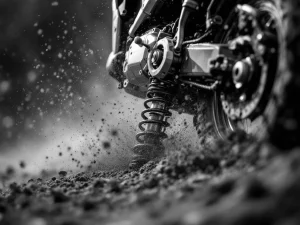 Adventure motorcycle rear suspension bottoming out with compressed shock absorber and debris spray in dramatic close-up