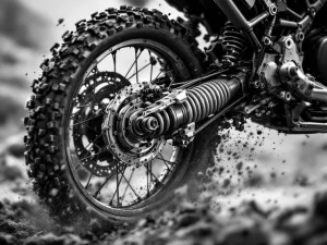 Adventure motorcycle rear suspension compressed at bottom of travel during impact on rugged terrain, dust in air