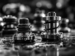 Close-up of motorcycle suspension bushings with chrome and rubber components under dramatic lighting in workshop setting