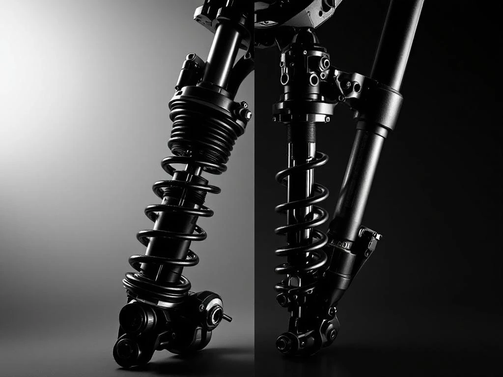 Side-by-side comparison of adventure bike and street bike motorcycle suspension systems in black and white close-up