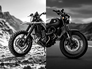 Side-by-side comparison of adventure motorcycle with high suspension on terrain and standard street motorcycle on pavement