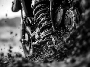 Adventure motorcycle rear shock absorber fully compressed at maximum travel with dirt spray on off-road terrain