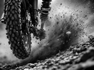Motorcycle rear suspension fully compressed mid-impact on rocky terrain with dust particles and visible shock absorber details