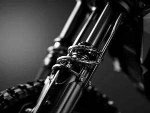 Adventure motorcycle suspension fork assembly close-up showing stanchion tubes, dust seals, and chrome metallic details in black and white