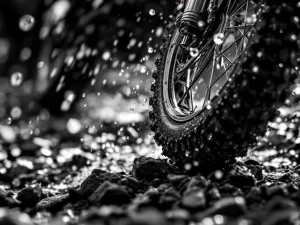 Adventure motorcycle suspension fork compressing over rocky terrain with water droplets and detailed mechanical components