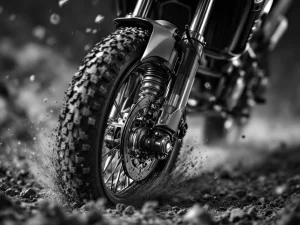 Adventure motorcycle front suspension fork mid-compression showing cutaway damping system, fork seals, and off-road debris in dramatic black and white