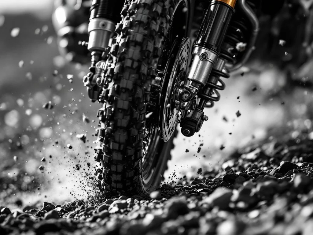 Adventure motorcycle suspension fork compressing over rocks in dramatic black and white close-up with dust particles
