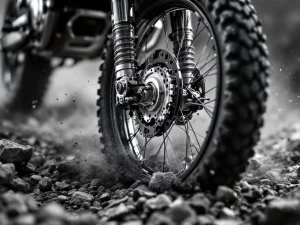 Adventure motorcycle front suspension fork cutaway showing springs and dampers compressing over rocky terrain mid-impact