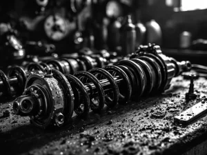 Adventure motorcycle suspension parts and tools on workshop bench with dramatic lighting showing maintenance details