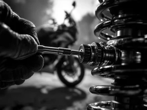 Gloved hand adjusting motorcycle suspension preload ring with chrome collar and spring mechanism in dramatic lighting