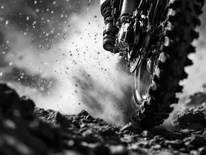 Adventure motorcycle rear suspension mid-compression with wheel losing contact on rocky terrain in black and white