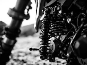 Motorcycle shock absorber with adjustable settings in close-up, lowered seat visible behind for shorter riders