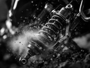 Adventure motorcycle rear suspension system at full extension showing shock absorber, spring coils, and linkage in black and white