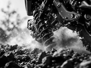 Adventure motorcycle rear suspension compressed mid-travel showing shock absorber, spring coils, and ground clearance over rocky terrain