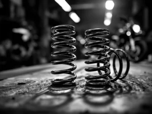 Two motorcycle suspension springs on workbench: left with uniform coils, right with progressive variable spacing