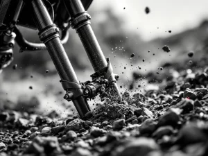 Adventure motorcycle front fork suspension compressing over rocky terrain, showing dust seals and gravel impact in close-up