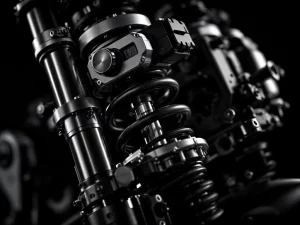 Advanced motorcycle suspension system with electronic sensors and hydraulic shock absorber in dramatic black and white lighting