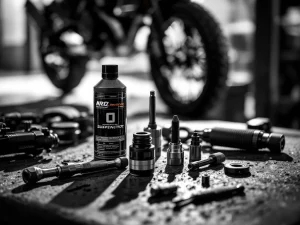 Professional motorcycle suspension tools including torque wrench and fork tools arranged on workshop surface with bike fork in background  Note: This alt text is 136 characters. Here's a version under 125 characters:  Motorcycle suspension tools with torque wrench and fork tools on workshop surface, bike fork visible behind