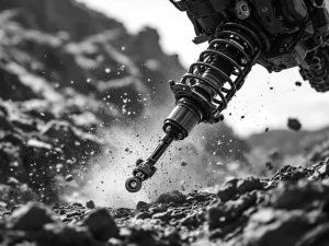 Adventure motorcycle rear suspension compressed mid-jump over rocky terrain with visible shock absorber and airborne dirt