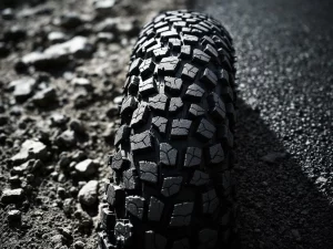 Dual-sport motorcycle tire showing knobby off-road tread on one side and street tread on other against dirt and asphalt