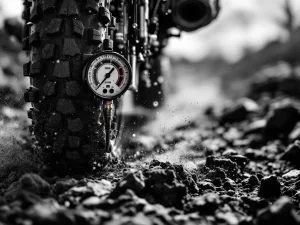 Tire pressure gauge measuring adventure motorcycle tire on rugged off-road terrain in black and white