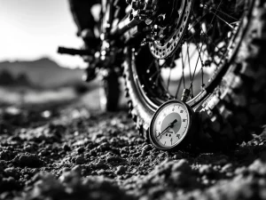Tire pressure gauge measuring adventure motorcycle tire tread on dirt terrain in dramatic black and white close-up