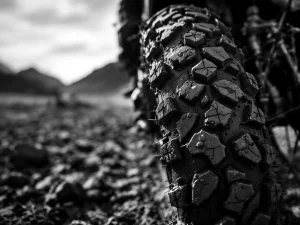 Worn adventure motorcycle tire close-up showing deep tread patterns, embedded stones, and weathering on spoke wheel