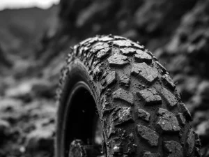 Worn motorcycle tire with deep tread grooves and embedded stones showing weathered rubber texture in dramatic black and white